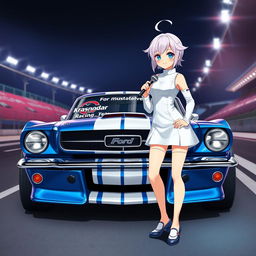 A stunning portrayal of a blue classic Ford Mustang muscle car adorned with two white stripes on the bumper and featuring the Krasnodar Racing Team logo vinyl on the front glass