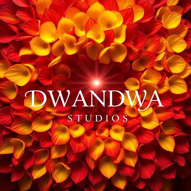 A beautiful poster for DWANDWA STUDIOS featuring a rich and vibrant background composed of a stunning mix of red and yellow flower petals, creating a lush and inviting atmosphere