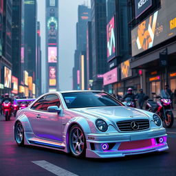 A stunning white Mercedes E90 sports car with a sleek body kit, designed in a vibrant cyberpunk style from 1998