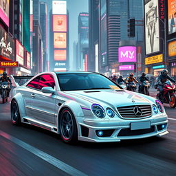 A stunning white Mercedes E90 sports car with a sleek body kit, designed in a vibrant cyberpunk style from 1998