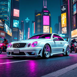 A stunning white Mercedes E90 sports car with a sleek body kit, designed in a vibrant cyberpunk style from 1998