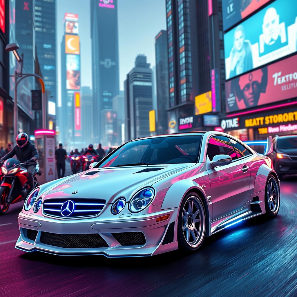 A stunning white Mercedes E90 sports car with a sleek body kit, designed in a vibrant cyberpunk style from 1998