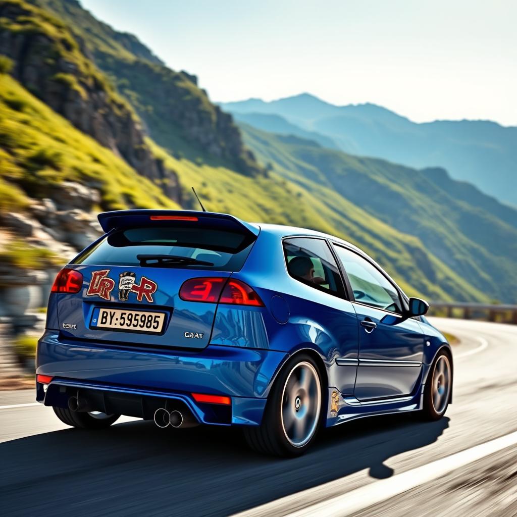 A striking blue 1998 Seat Leon with an eye-catching body kit, driving along a scenic mountain road