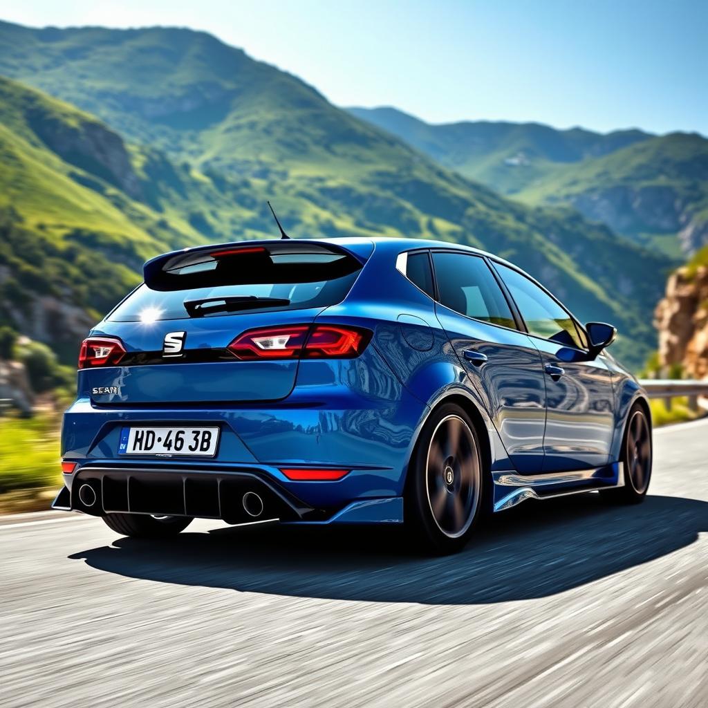 A striking blue 1998 Seat Leon with an eye-catching body kit, driving along a scenic mountain road