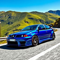 A striking blue 1998 Seat Leon with an eye-catching body kit, driving along a scenic mountain road