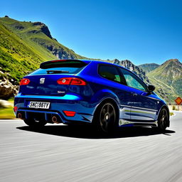 A striking blue 1998 Seat Leon with an eye-catching body kit, driving along a scenic mountain road