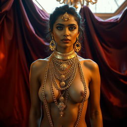 A stunning Indian woman adorned with exquisite and intricate makeup, her body gracefully naked except for an abundance of luxurious gold chains and necklaces, highlighting her form