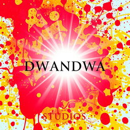 An eye-catching poster for DWANDWA STUDIOS featuring a lively background filled with a mix of red and yellow paint droplets, creating a dynamic and artistic atmosphere