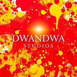 An eye-catching poster for DWANDWA STUDIOS featuring a lively background filled with a mix of red and yellow paint droplets, creating a dynamic and artistic atmosphere