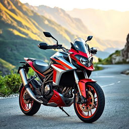 A striking red and silver Aprilia 660S motorcycle with custom modifications on its fairing, parked at a picturesque mountain pass