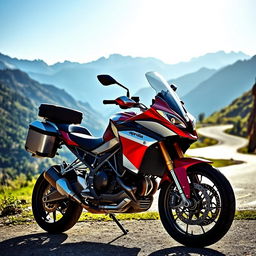 A striking red and silver Aprilia 660S motorcycle with custom modifications on its fairing, parked at a picturesque mountain pass