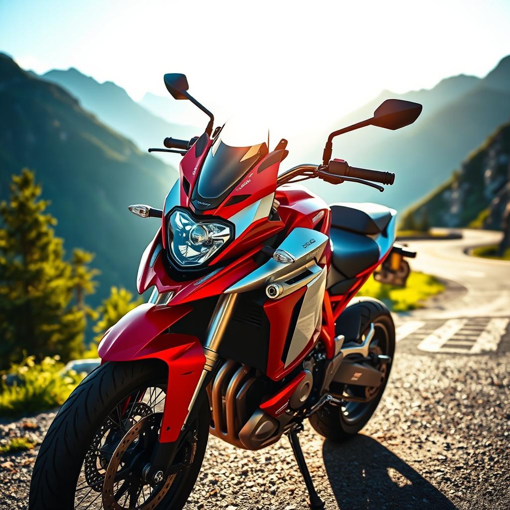 A striking red and silver Aprilia 660S motorcycle with custom modifications on its fairing, parked at a picturesque mountain pass