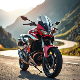 A striking red and silver Aprilia 660S motorcycle with custom modifications on its fairing, parked at a picturesque mountain pass