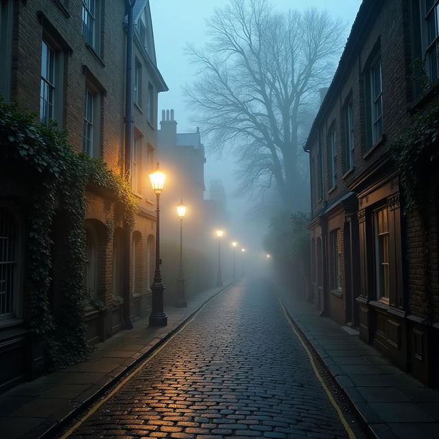 A wide cobbled old street in Oxford, UK, shrouded in thick fog