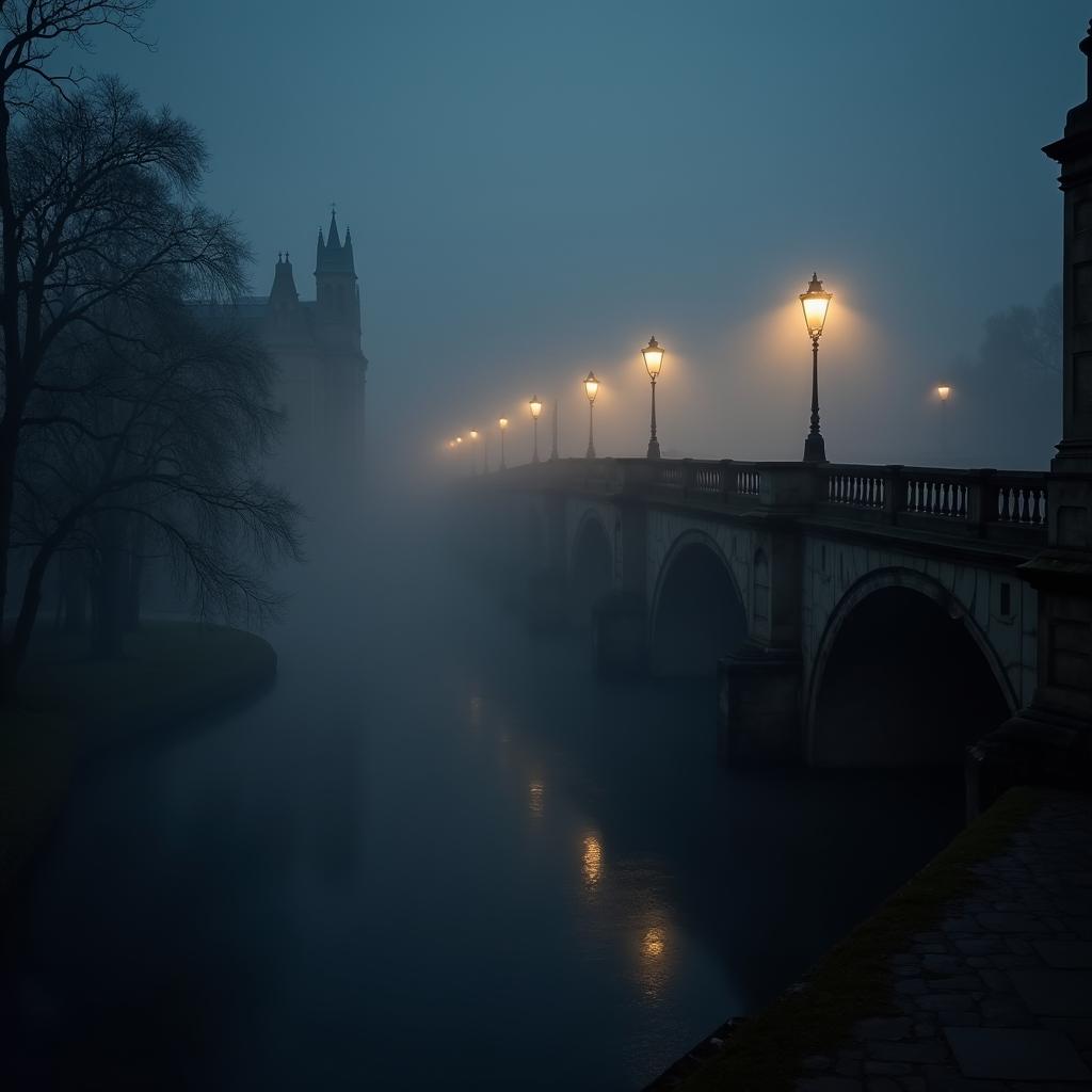 The Bridge of Sighs at Oxford University, shrouded in dense clouds of smoke and fog at night, creating an eerie and spooky atmosphere