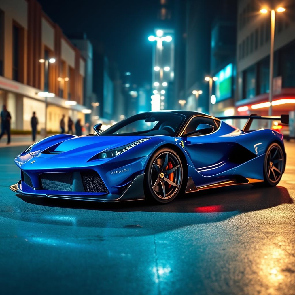 A stunning blue LaFerrari featuring an impressive body kit, showcasing its aerodynamic design and aggressive stance