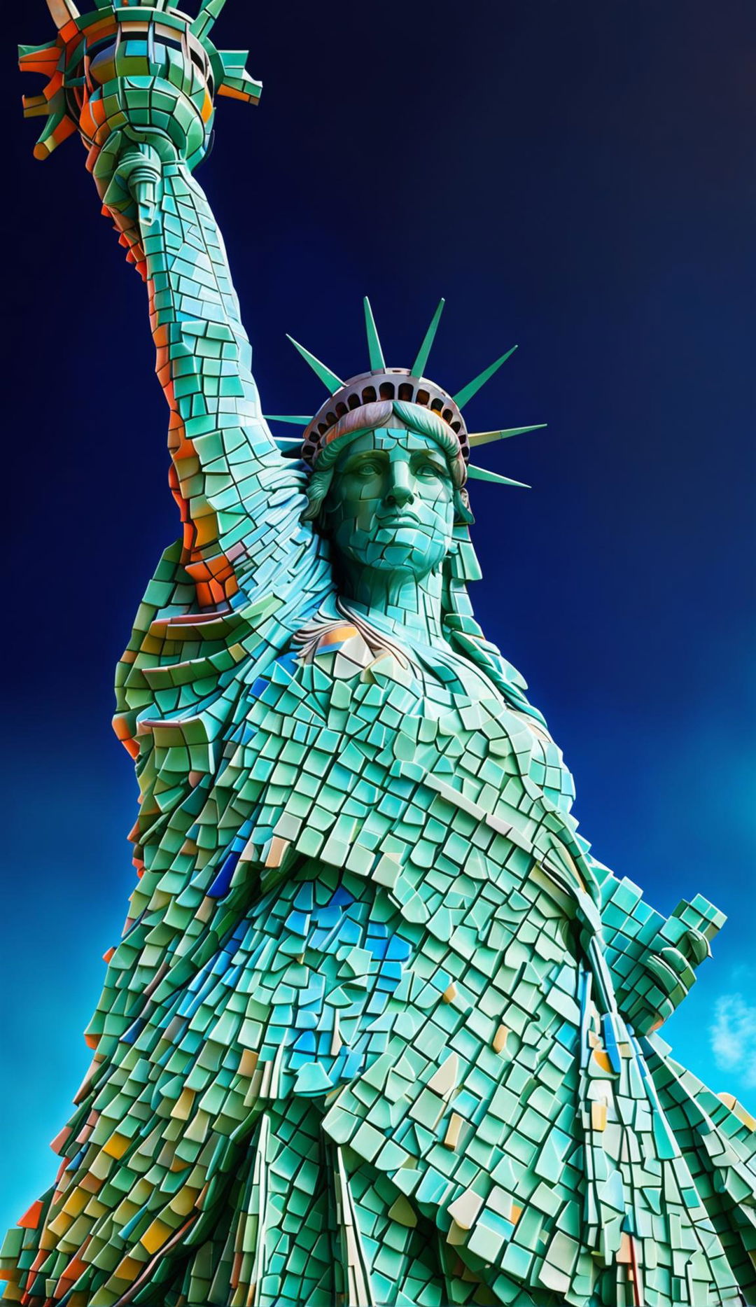 High-definition photograph of the Statue of Liberty composed entirely of colorful mosaic tiles.