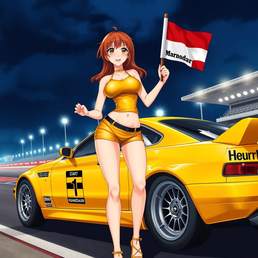 Anime style illustration of a gorgeous lady wearing a golden tank top and shorts, confidently holding a start flag