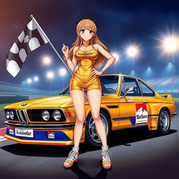 Anime style illustration of a gorgeous lady wearing a golden tank top and shorts, confidently holding a start flag