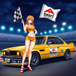 Anime style illustration of a gorgeous lady wearing a golden tank top and shorts, confidently holding a start flag