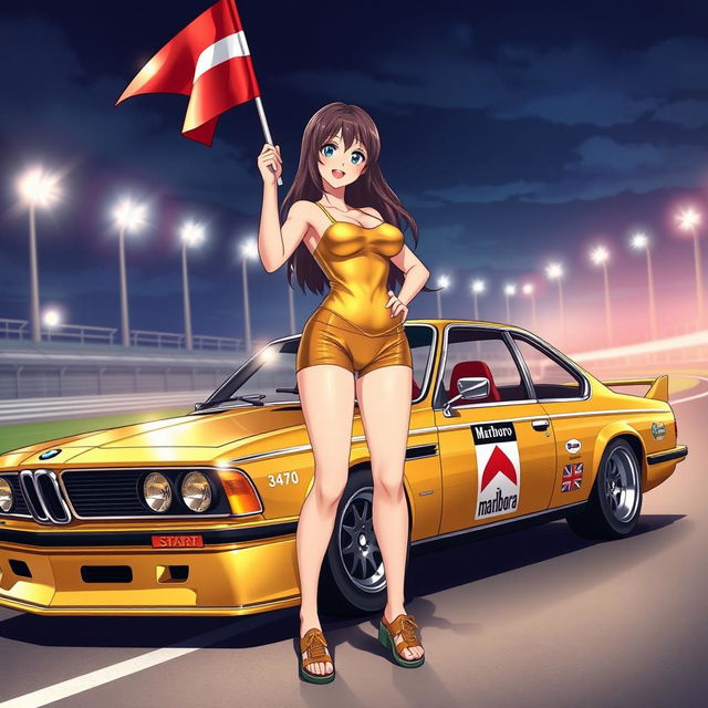 Anime style illustration of a gorgeous lady wearing a golden tank top and shorts, confidently holding a start flag