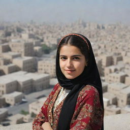 A young Iranian girl in traditional attire posing in the foreground with bustling city life and people in the background.