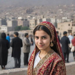 A young Iranian girl in traditional attire posing in the foreground with bustling city life and people in the background.