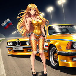 A stunning anime-style race queen with long, flowing golden hair and striking amber eyes, wearing a golden tank top and shorts decorated with checkered patterns