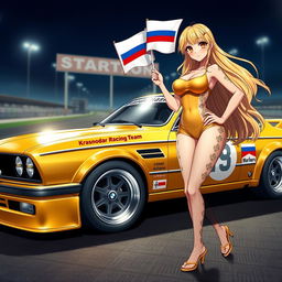 A stunning anime-style race queen with long, flowing golden hair and striking amber eyes, wearing a golden tank top and shorts decorated with checkered patterns