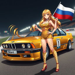 A stunning anime-style race queen with long, flowing golden hair and striking amber eyes, wearing a golden tank top and shorts decorated with checkered patterns