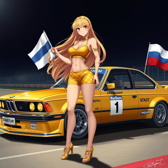 A stunning anime-style race queen with long, flowing golden hair and striking amber eyes, wearing a golden tank top and shorts decorated with checkered patterns