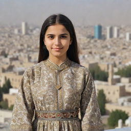 A young Iranian girl in traditional attire posing in the foreground with bustling city life and people in the background.