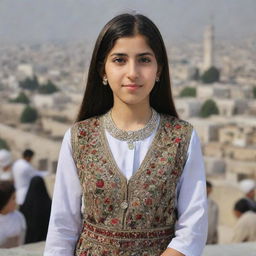 A young Iranian girl in traditional attire posing in the foreground with bustling city life and people in the background.