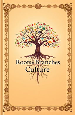 A grand book cover design that elegantly represents the theme of 'Roots and Branches Culture'