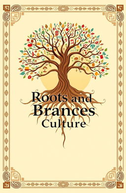 A grand book cover design that elegantly represents the theme of 'Roots and Branches Culture'