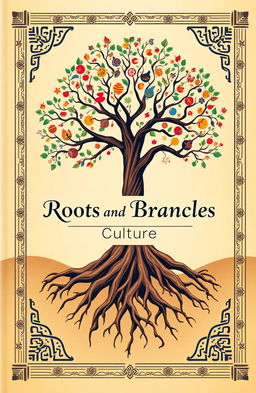 A grand book cover design that elegantly represents the theme of 'Roots and Branches Culture'