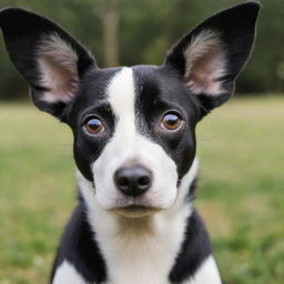 A charming black and white dog with large, floppy ears, its eyes sparkling with joy and curiosity.