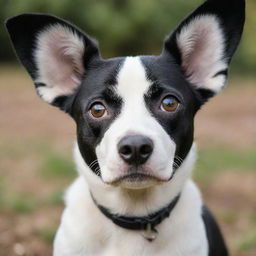 A charming black and white dog with large, floppy ears, its eyes sparkling with joy and curiosity.