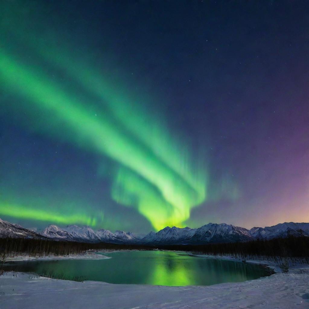 A mysterious landscape under an aurora borealis, lit by a full moon.