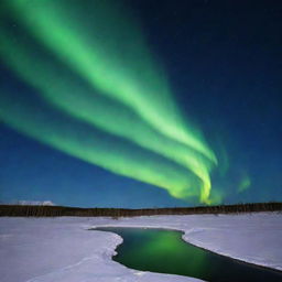 A mysterious landscape under an aurora borealis, lit by a full moon.