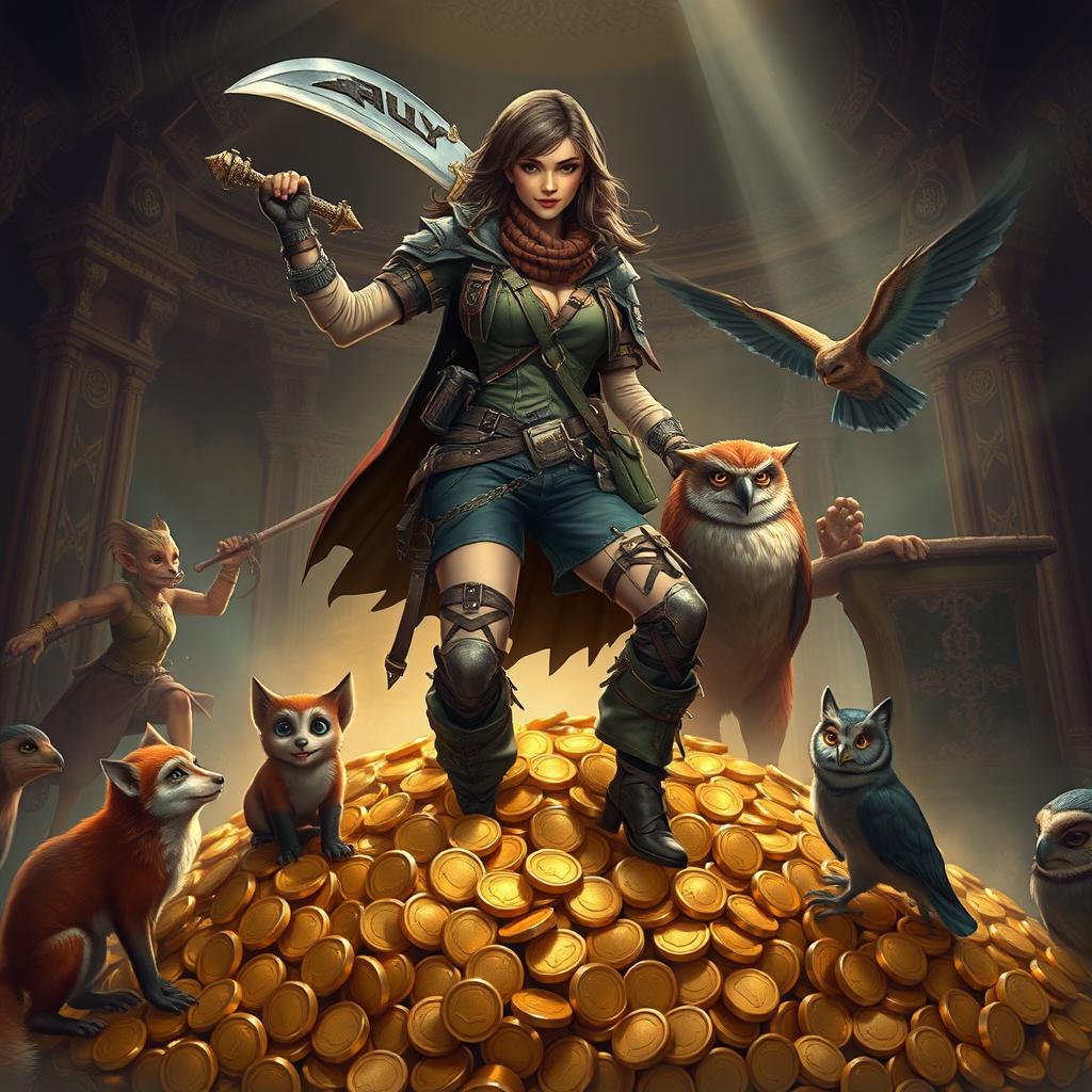 A human rogue, exuding an adventurous spirit, stands triumphantly atop a glimmering pile of gold coins, gripping a beautifully crafted scimitar in one hand