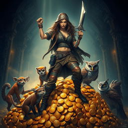 A human rogue, exuding an adventurous spirit, stands triumphantly atop a glimmering pile of gold coins, gripping a beautifully crafted scimitar in one hand