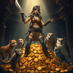 A human rogue, exuding an adventurous spirit, stands triumphantly atop a glimmering pile of gold coins, gripping a beautifully crafted scimitar in one hand