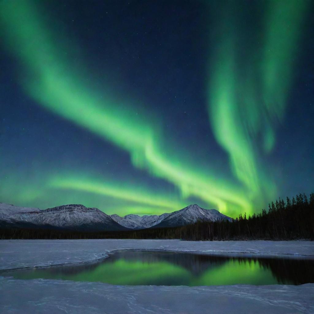 A mysterious landscape under an aurora borealis, lit by a full moon.