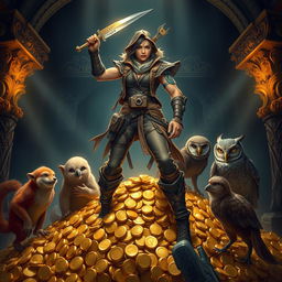 A human rogue, exuding an adventurous spirit, stands triumphantly atop a glimmering pile of gold coins, gripping a beautifully crafted scimitar in one hand