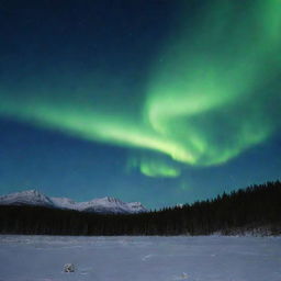 A mysterious landscape under an aurora borealis, lit by a full moon.