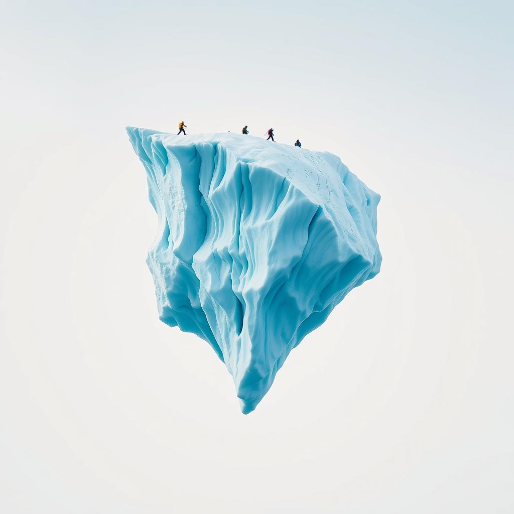 A captivating full view of a majestic flying iceberg, suspended in mid-air against a pristine white background