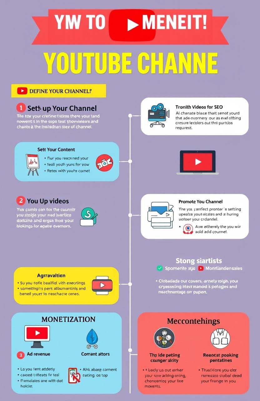 A visually engaging guide to creating and monetizing a YouTube channel, featuring a step-by-step process illustrated on an attractive infographic