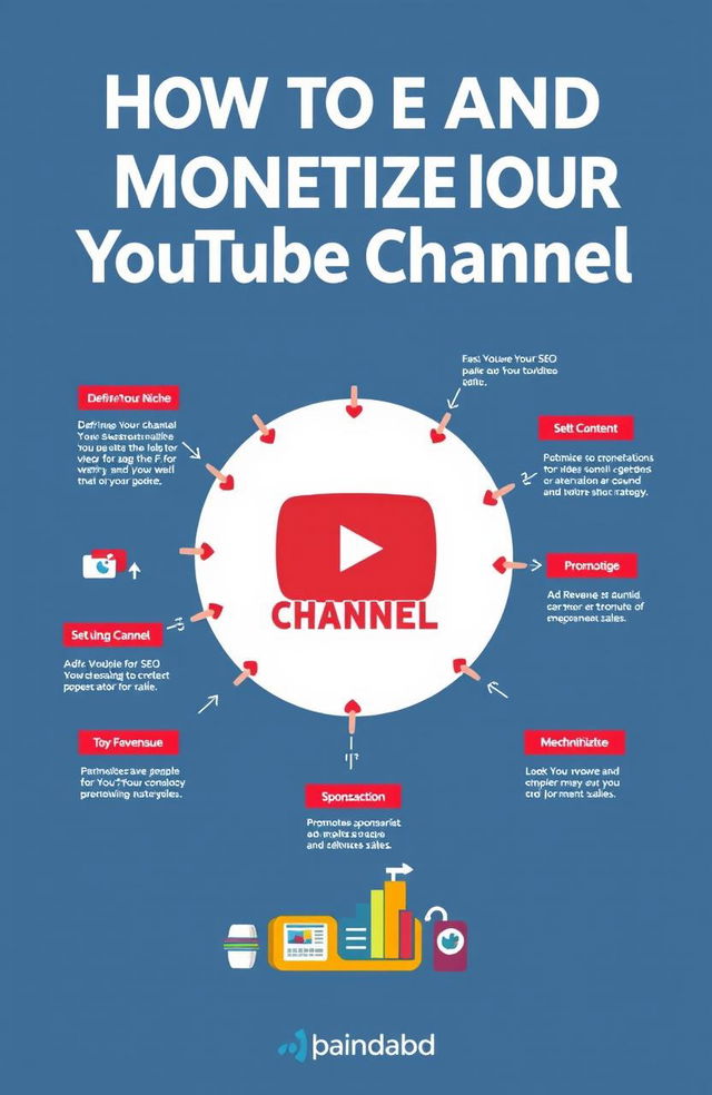 A visually engaging guide to creating and monetizing a YouTube channel, featuring a step-by-step process illustrated on an attractive infographic