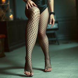 A stylish and alluring goth woman, embodying a sexy aesthetic, wearing elegant fishnet stockings that highlight her long legs, complemented by a form-fitting gothic outfit